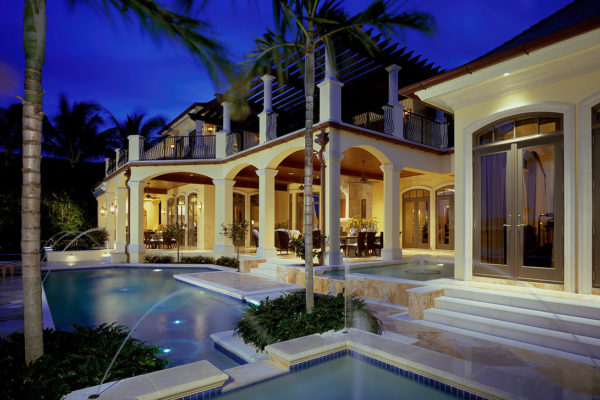 Pool Fountains at Dusk